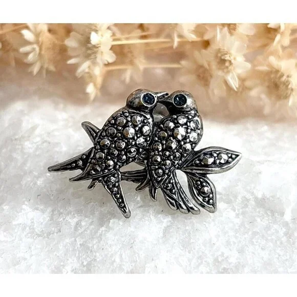 Perched Birds Kissing Figural Marcasite Accented Vintage Costume Jewelry Brooch