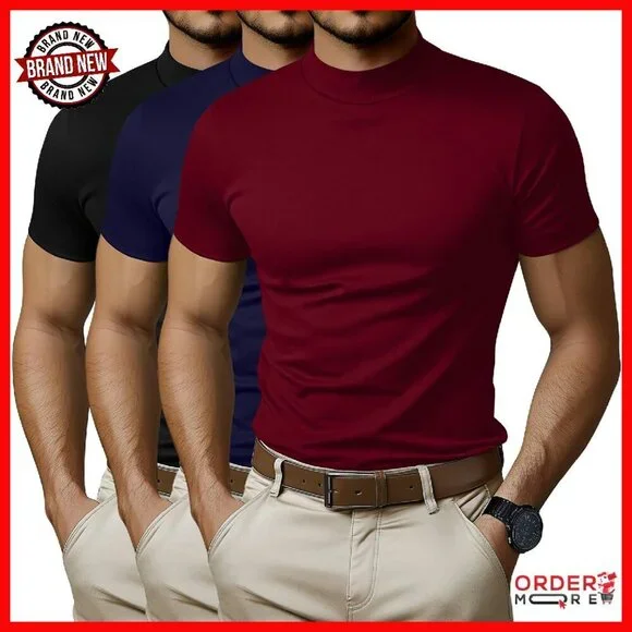 Men's Short Sleeve Mock Turtleneck Shirts, Slim Fit, 95% Cotton, Medium
