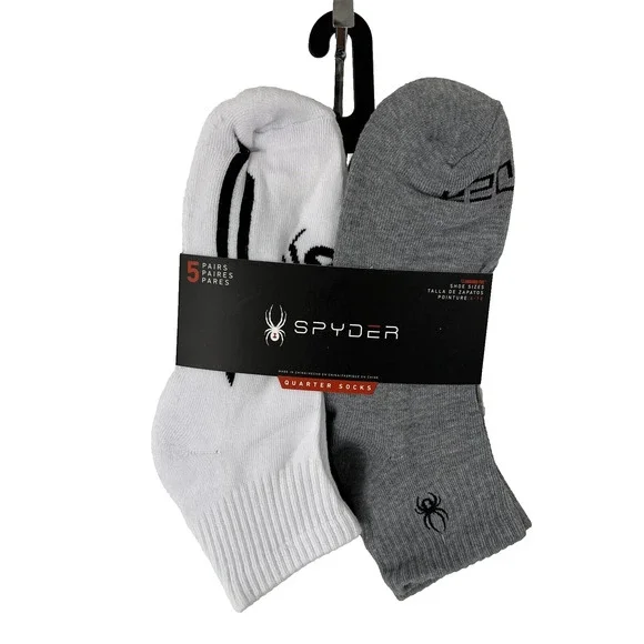 NEW Spyder Men Stripe Quarter Socks 5 Pairs White Black Gray Shoe Size 6 -12