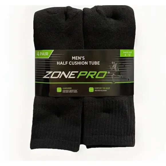 Zone Pro Mens Half Cushion Tube Socks 4 Pair Black Shoe Size 6-12 Crew NEW