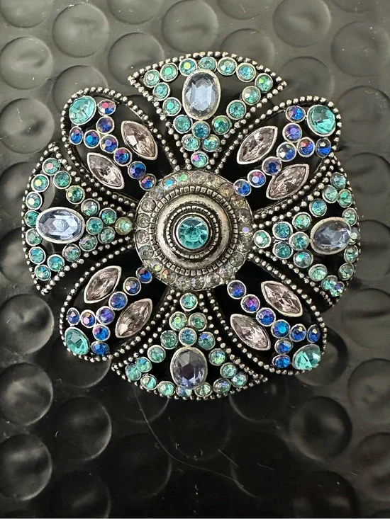 🌸 Blue Teal Rhinestone Floral Brooch Pin Antique Silver Tone Vintage Style