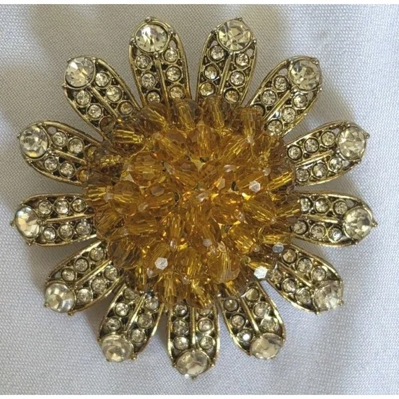 Vintage Sunflower Amber / Clear Rhinestone Petals Goldtone