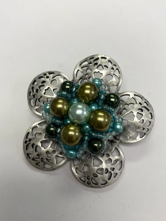 Floral Beaded Silver-Tone Brooch with Teal and Olive beads