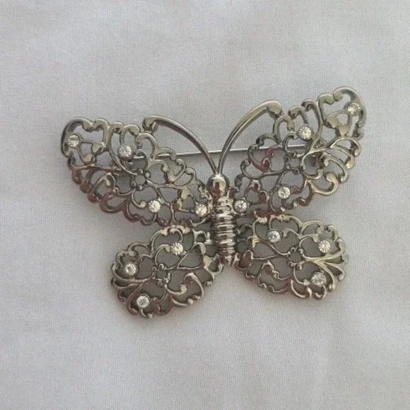 Vintage Silver Tone Filigree Butterfly Brooch Pin 