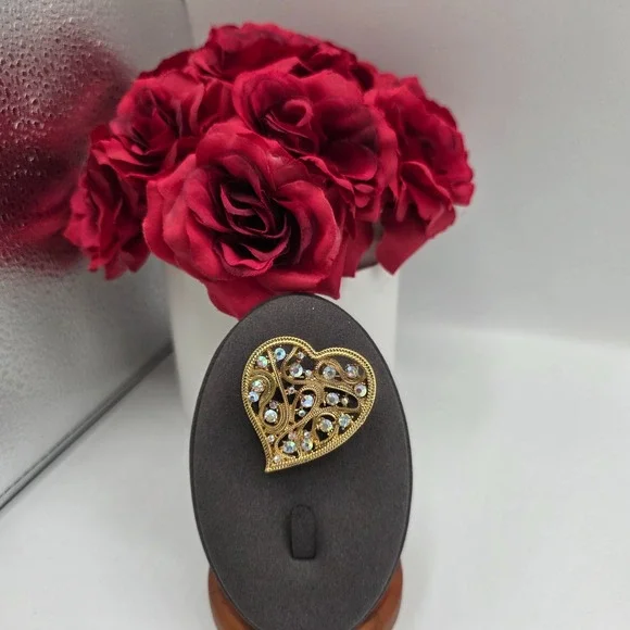 Vintage Gold Tone Heart Shape Brooch Pin White Crystal 1.5