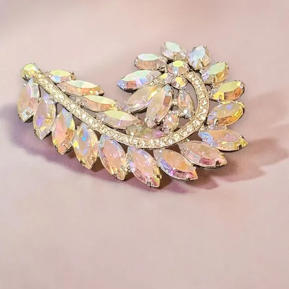 VTG AB Rhinestone Floral Leaf Brooch Pin Large 3
