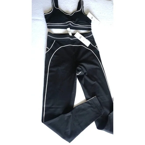 Alo Yoga Womens 2 Piece Set Sports Bra and Leggings Black White Piping XL