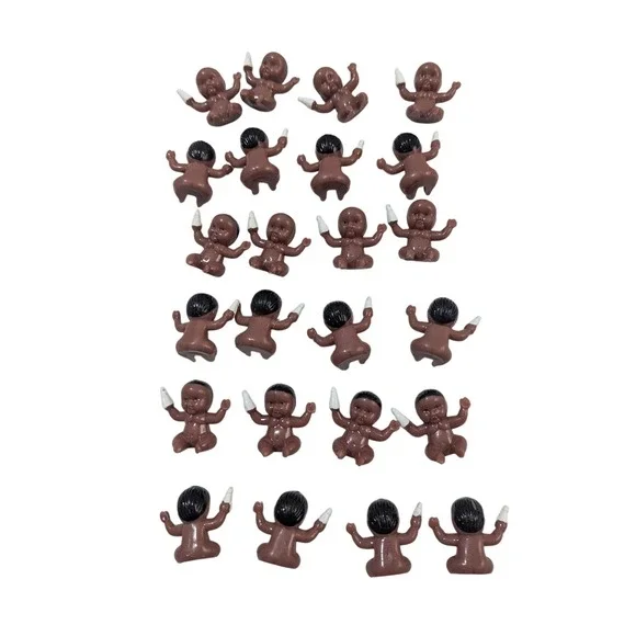 24 Piece Vintage Miniature Plastic Babies Brown Black Hair Baby Shower King Cake