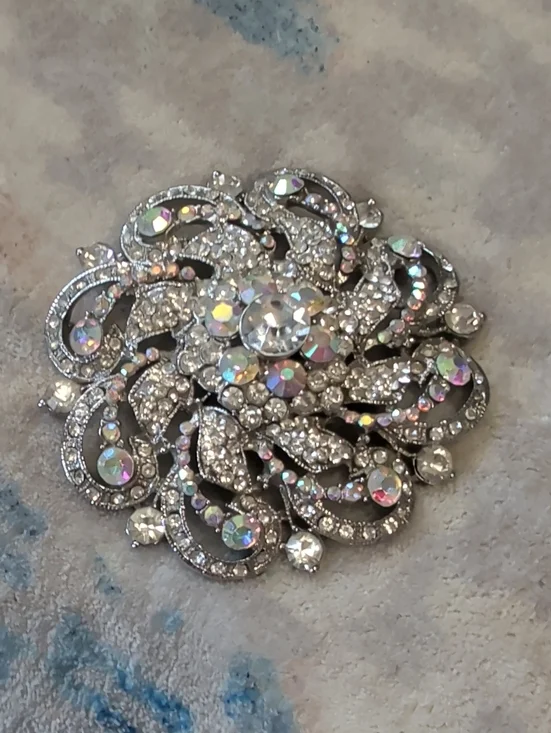 Vintage Silver Crystal Floral Statement Brooch - Aurora Borealis Rhinestones 3