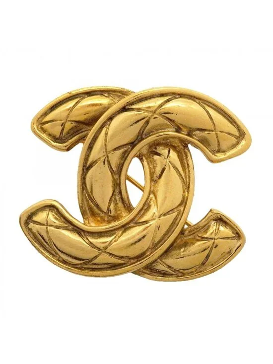 Chanel Brooch Vintage CC Logo Quilted Gold Plated