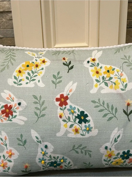 Floral Bunny Holiday Pillow in Mint Green