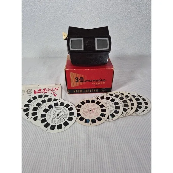 Vtg 1950-60s Sawyer View Master Brown Model E 3-Dimension Viewer w/Box & Slides
