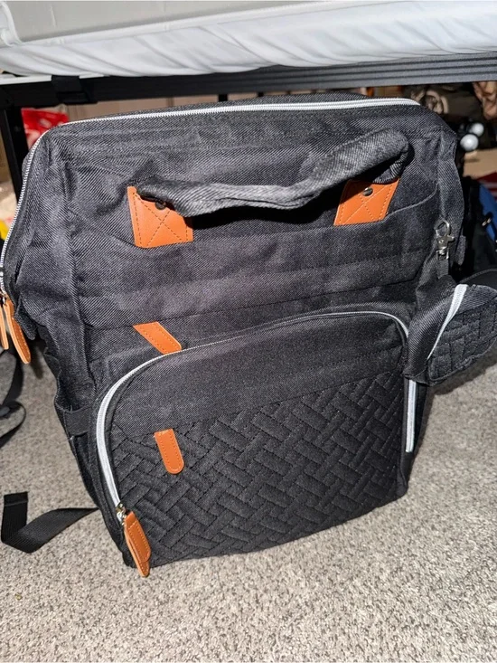 Stylish Black Baby Bag Backpack with Brown Trim