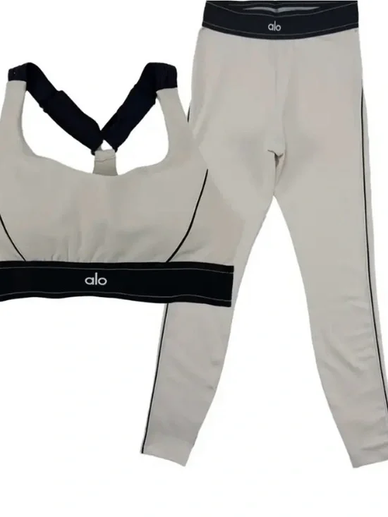 ALO Yoga Light Gray and Black Sports Bra & Legging Set