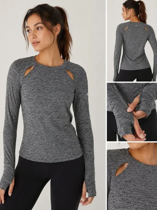 Alo Yoga Alloy Heather Mantra Long Sleeve Top Small Cutout Thumbholes Activewear