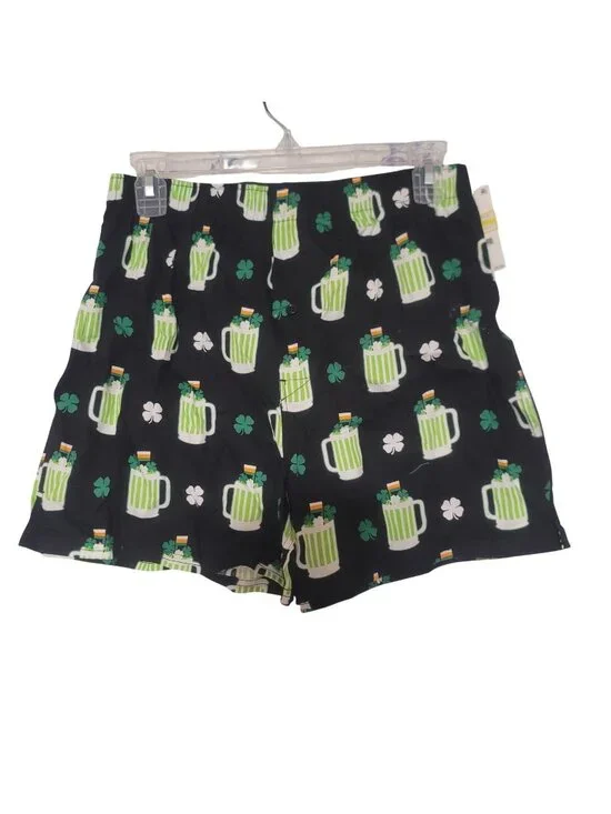 Saint Patricks Day S Beer Mug & Shamrock Print Black Cotton Mens Boxer Shorts