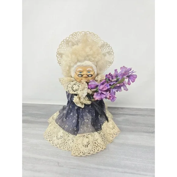 Vintage Hand Crafted Grandma Granny Doll with Lace Dress and Purple Lilac Flower