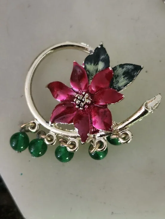 Gold-Tone Pink Flower and Green Bead Women's Brooch