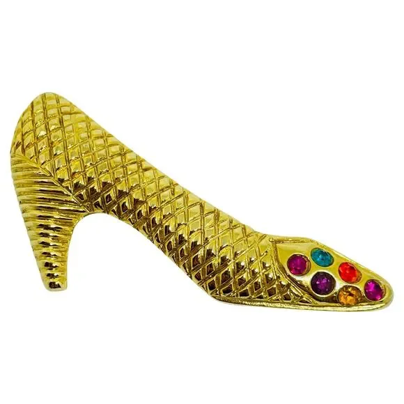Vintage gold tone rhinestone ladies shoe designer brooch