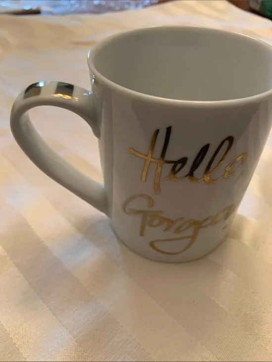 “Hello Gorgeous” White Ceramic Mug with Gold Script