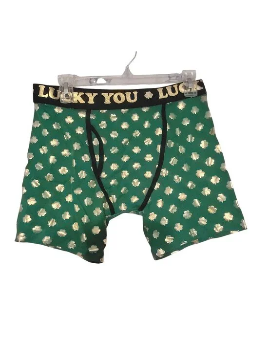 Lucky You Small Green Boxer Briefs Gold Shamrocks Bioworld Cotton/Spandex Blend