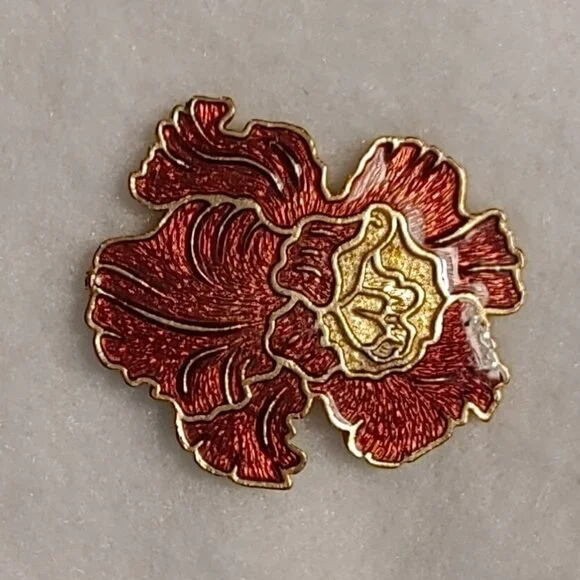 Vintage Floral Flower Red Enamel Gold Tone Brooch Pin