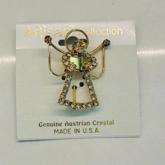 VTG Christmas Angel Gold-tone Rhinestones Pin New