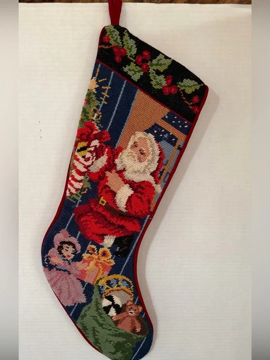 Vintage Needlepoint Santa Christmas Stocking - Red Trim