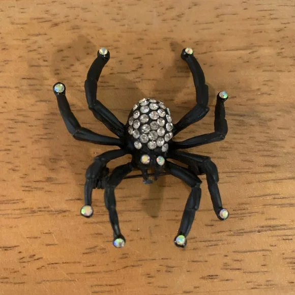 Spider Brooch Pin Black with Rhinestones