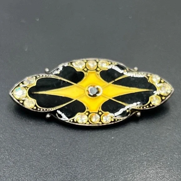 Catherine Popesco Unsigned Black Enamel Gold Tone rhinestone Art Deco Brooch