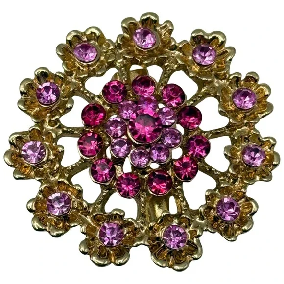 Vintage Pink Rhinestone Floral Brooch Gold Tone Flower Pin Costume Jewelry Gift