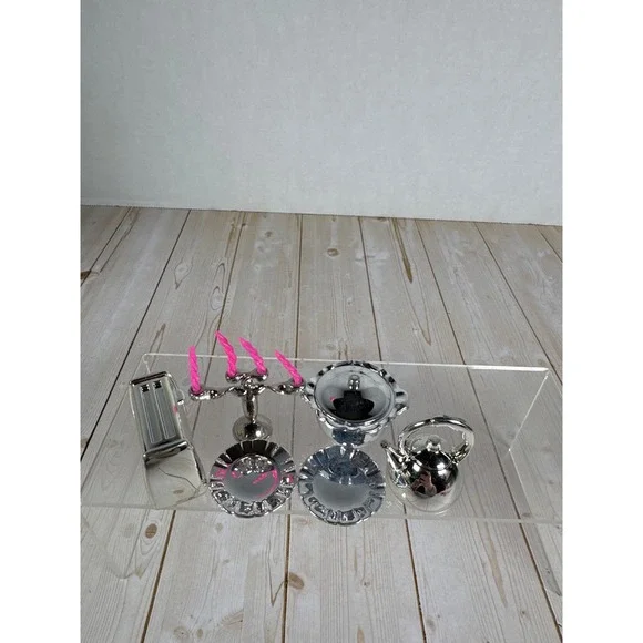 Vintage Miniature Chrome Dollhouse Kitchen Set‎ Toaster Kettle Candelabra 6pc