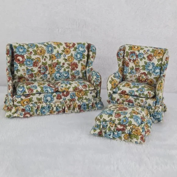 Vintage Dollhouse Living Room Furniture Sofa Chair Ottoman Floral Upholstery