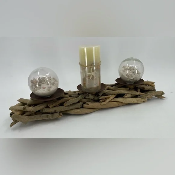 Driftwood Beach Beachy Rustic Seashell 2 Glass Globes 1 Candle 24”x3.5 Decor NWT