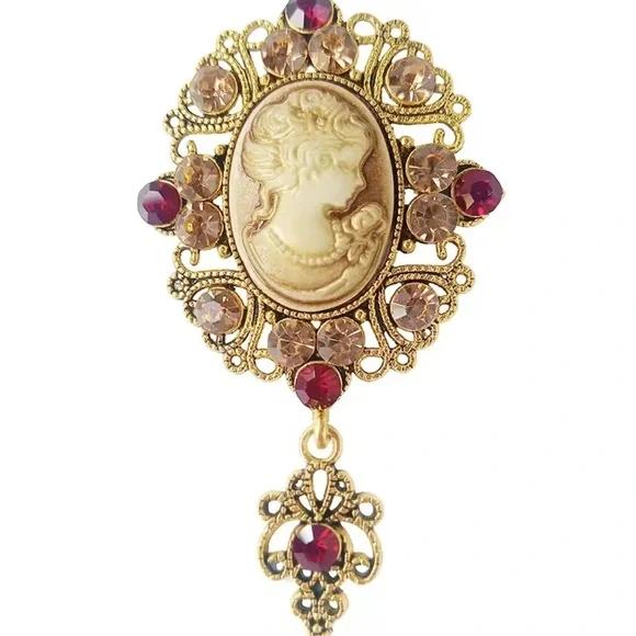 Women Vintage Cameo Brooch with Red and Gold Accents