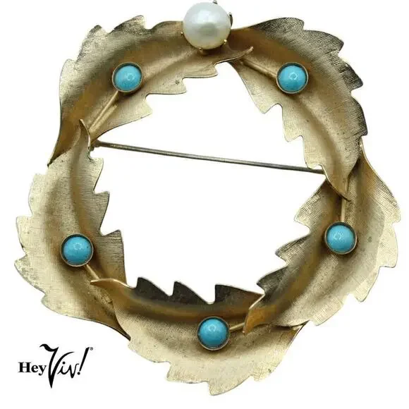 Vintage Pin Brooch Classic Wreath Leaf Design w Blue Beads Pearl 2.25