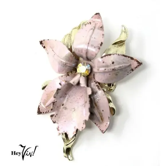 Vintage Pink Enamel Flower Pin w Touch of Gold 3D Petals 2 5/8