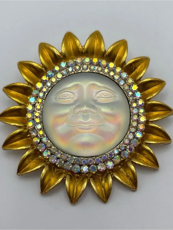 Iridescent Moon Face Sunburst Brooch with Aurora Rhinestones
