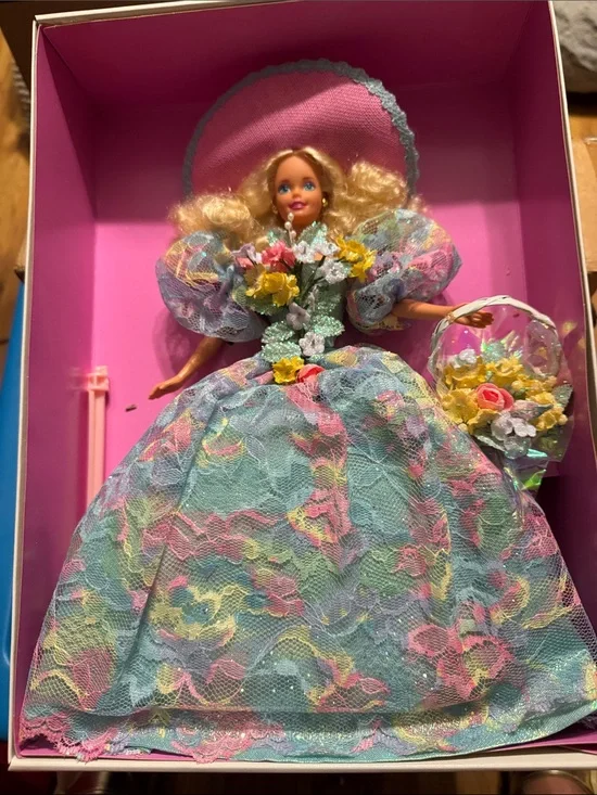 Barbie Pastel Blue Pink Yellow Floral Lace Ball Gown with Basket