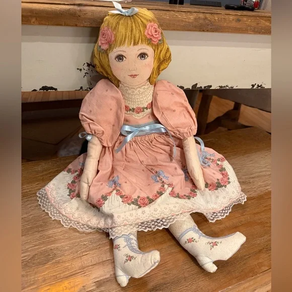 VTG Cut & Sew Floral Pink Cloth Doll with Blonde Hair Cottagecore Prariie