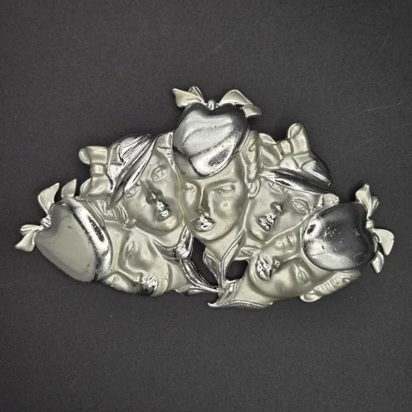 Vintage Silver Tone Brooch Pin Five Faces‎ Women Hats Bows Art Deco Style