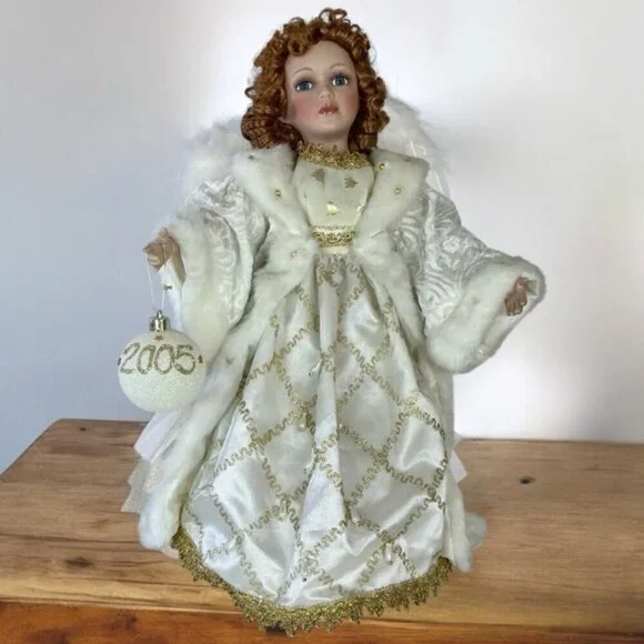 Porcelain Angel Doll Vintage Christmas 05 Red Auburn Hair w/Stand White Gold 19”