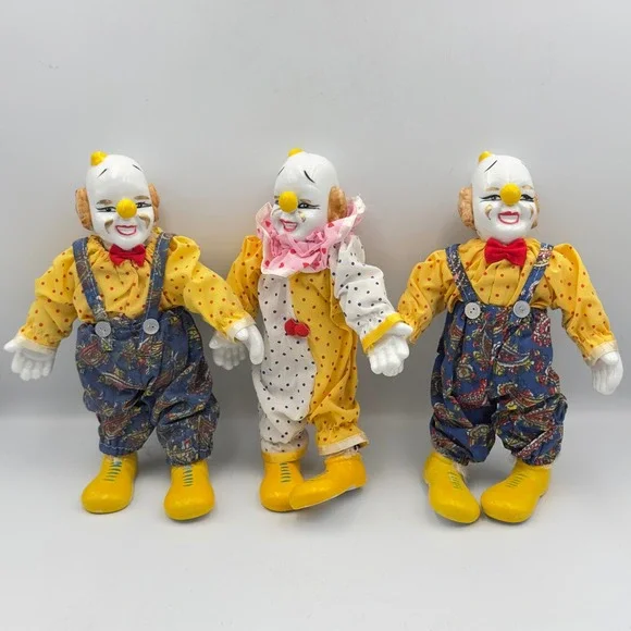 Vintage Porcelain‎ Clown Doll Trio Set Polka Dot Paisley Circuscore 10 Inch