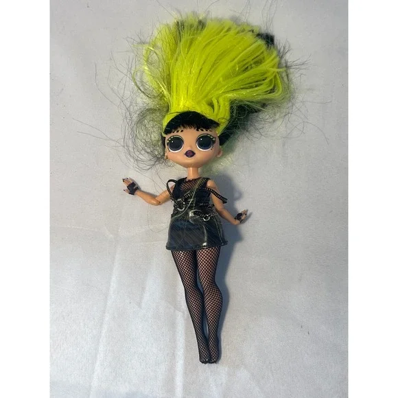 LOL Surprise Doll Fierce Punk Rocker Neon Hair Black Faux Leather Dress Fishnets