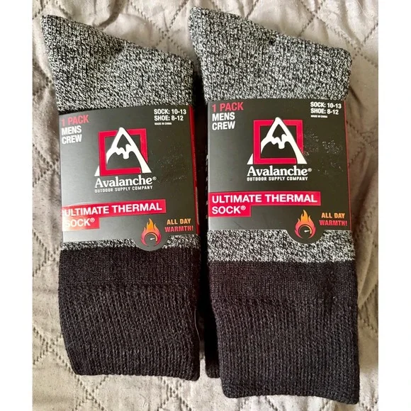 Avalanche Mens Ultimate Thermal Crew Socks 2 Pack Gray Black Shoe Size 8-12 NEW