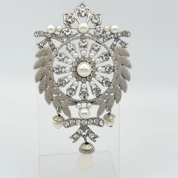 Vintage Style Rhinestone Faux Pearl Dangle Brooch Silver Tone Large 3.5