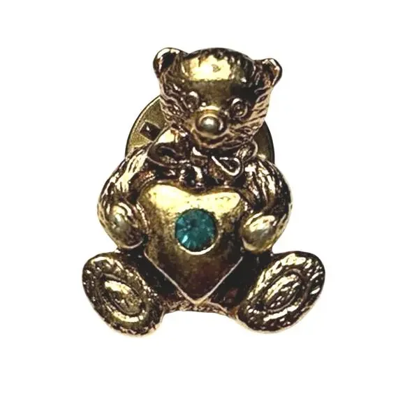 Vintage CAMCO Teddy Bear Holding Heart Brooch Gold Tone Green Rhinestone