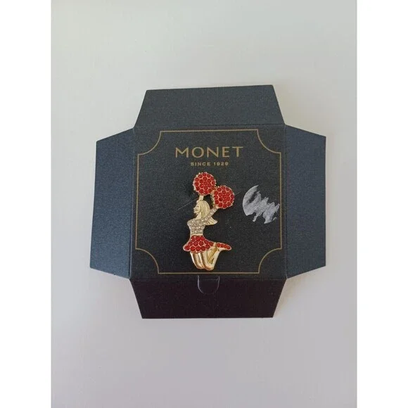 Monet Cheerleader Brooch Pin Red White Rhinestones Goldtone‎
