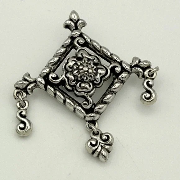 Brighton Silver Tone Brooch Diamond Shape Fleur de Lis Flower Dangle Charm Pin