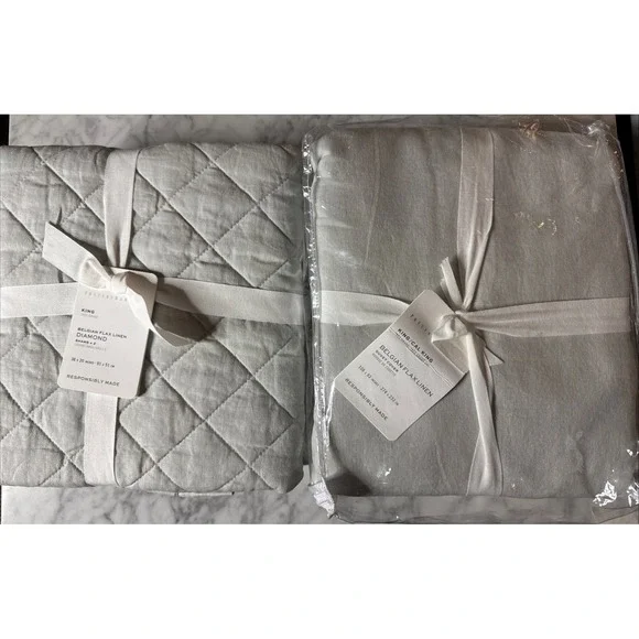 POTTERY BARN BELGIAN FLAX LINEN SOFT GRAY‎ KING/ CAL KING DUVET  + 2 King Shams
